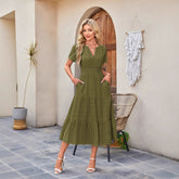V-Neck Pleated Puff Sleeves Long-Sleeved Dress Ins Street